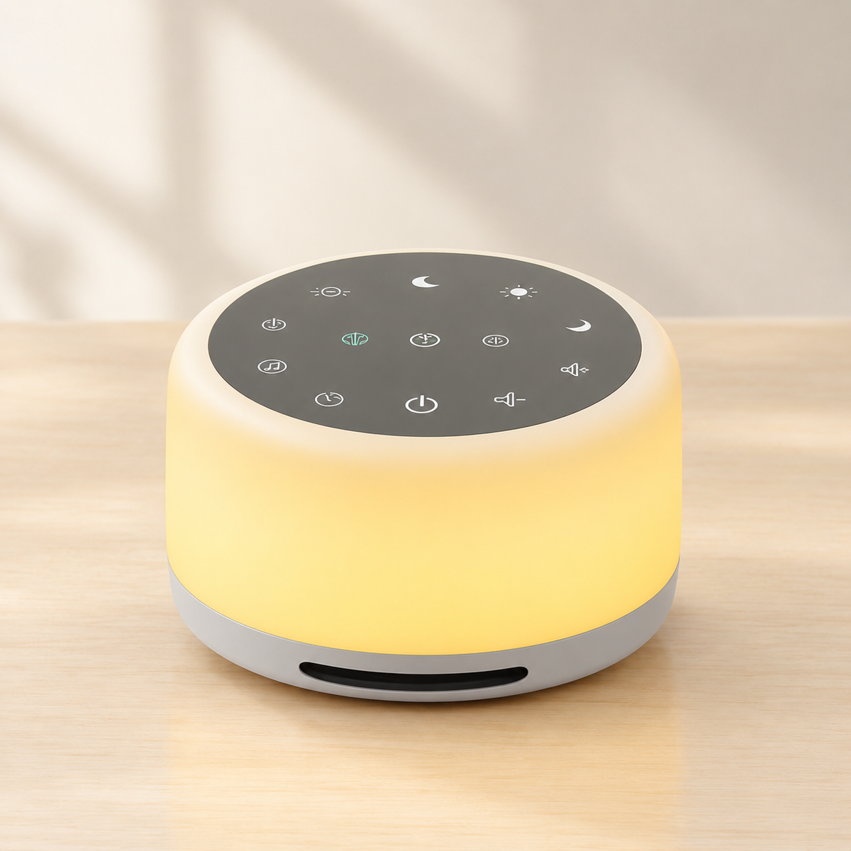 A cylindrical smart night light with a glowing warm yellow body and a dark gray top control panel, sitting on a light wood surface against a softly lit neutral background.