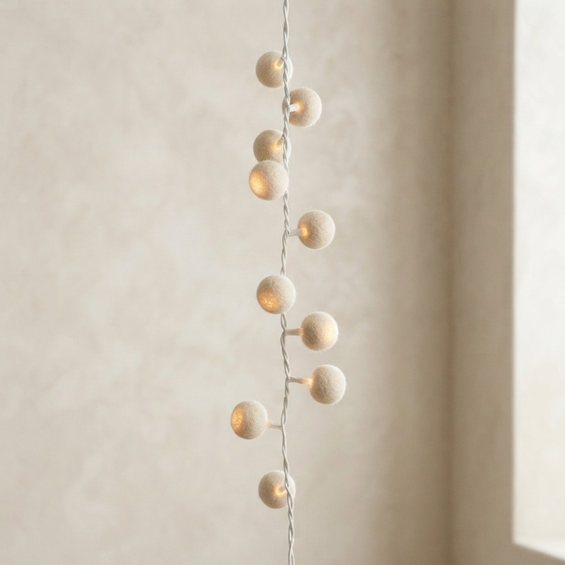 Warm white LED fairy string lights with round felted wool globe bulbs hanging vertically against a softly lit beige wall.
