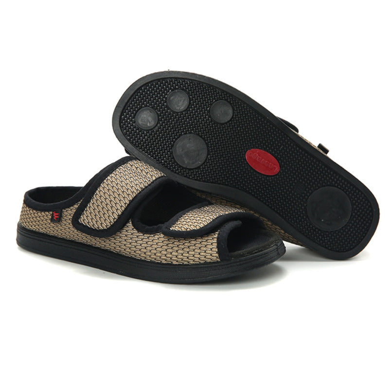 Pair of sandals with textured strap and black sole on a white background