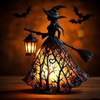 A Halloween decorative figurine shaped like a witch in a flowing dress, holding a glowing lantern. The dress has intricate cutout details of trees, spiders, and hearts, illuminated from within with a warm orange glow.