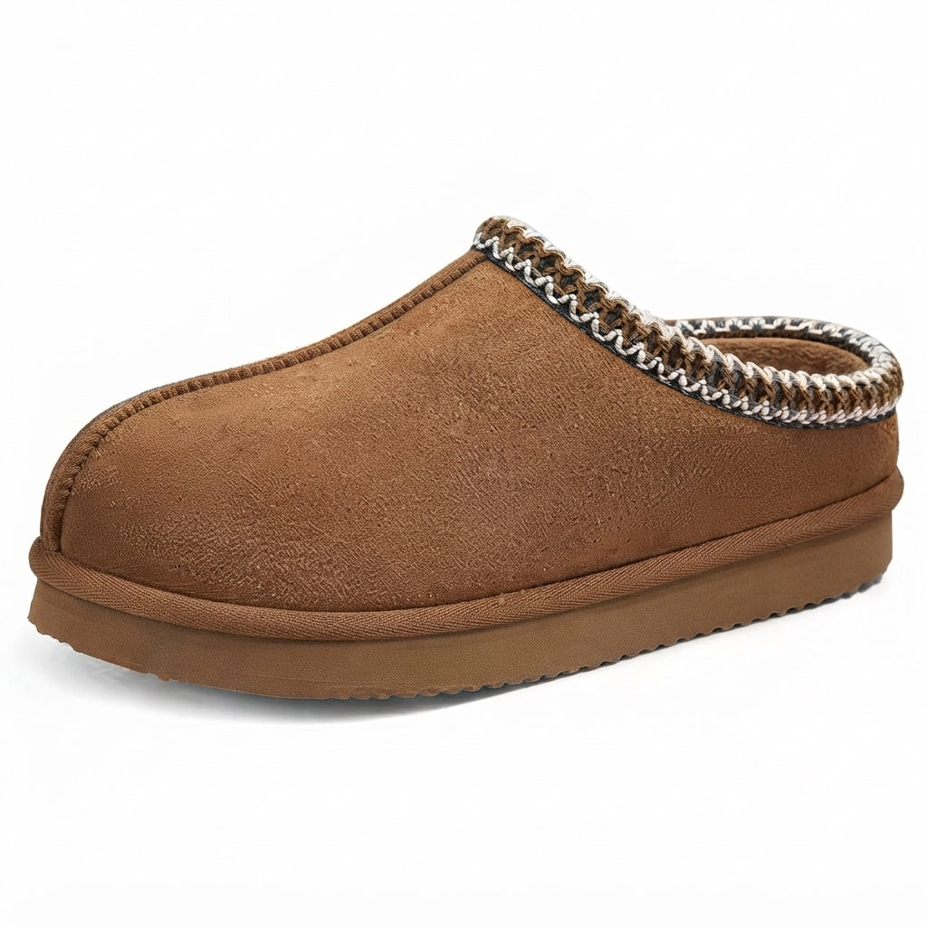 A single brown suede-like slipper with a braided trim around the opening, shown on a clean white background.