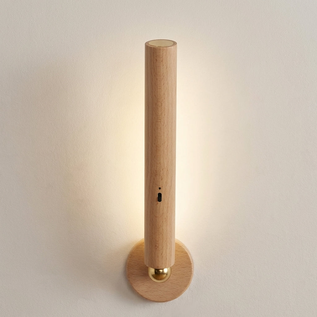 Wooden wall lamp with a cylindrical design on a plain background