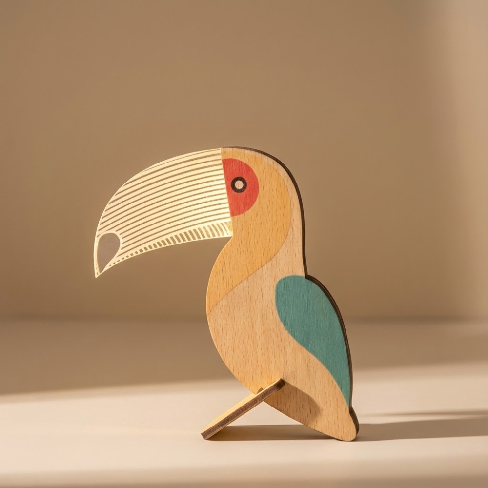 Wooden toucan figurine on a beige background