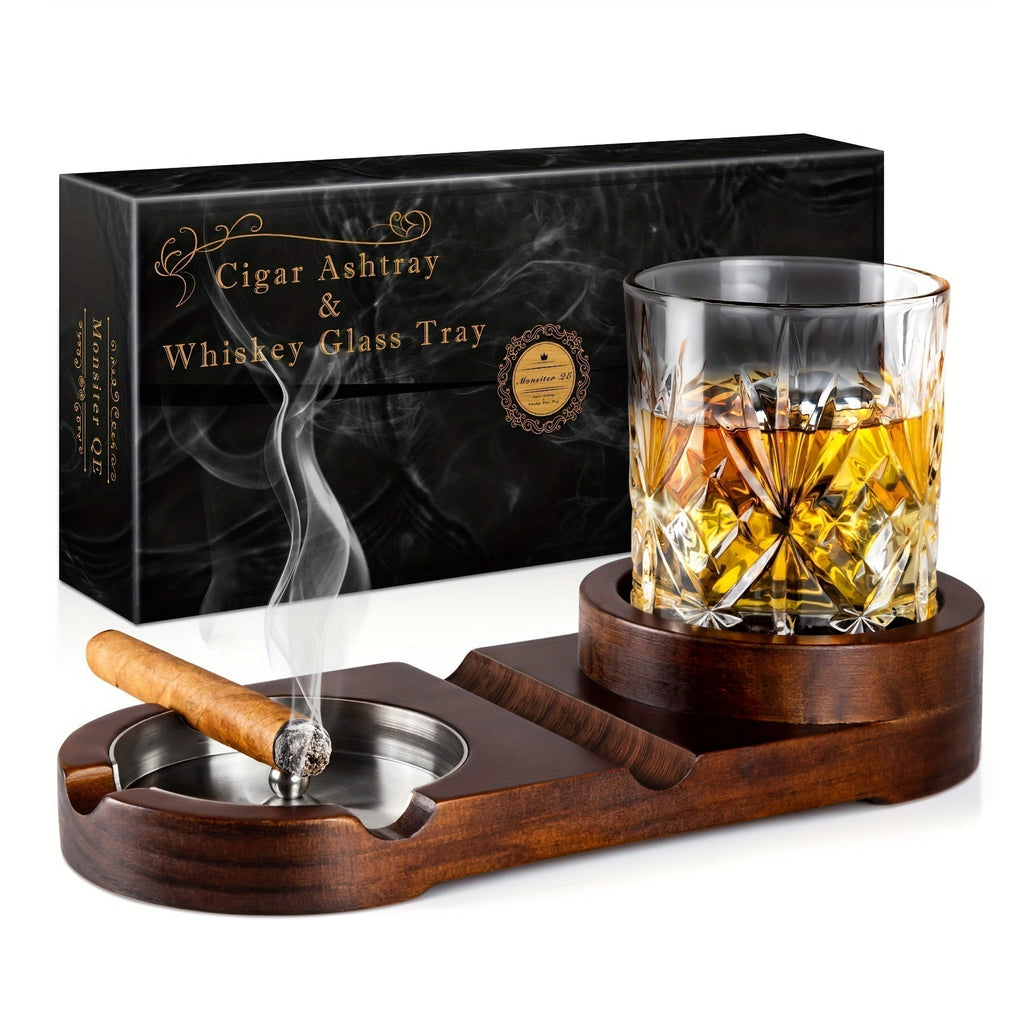 Wooden Cigar Ashtray with Whiskey Glass Holder - Elegant & Practical Design 0