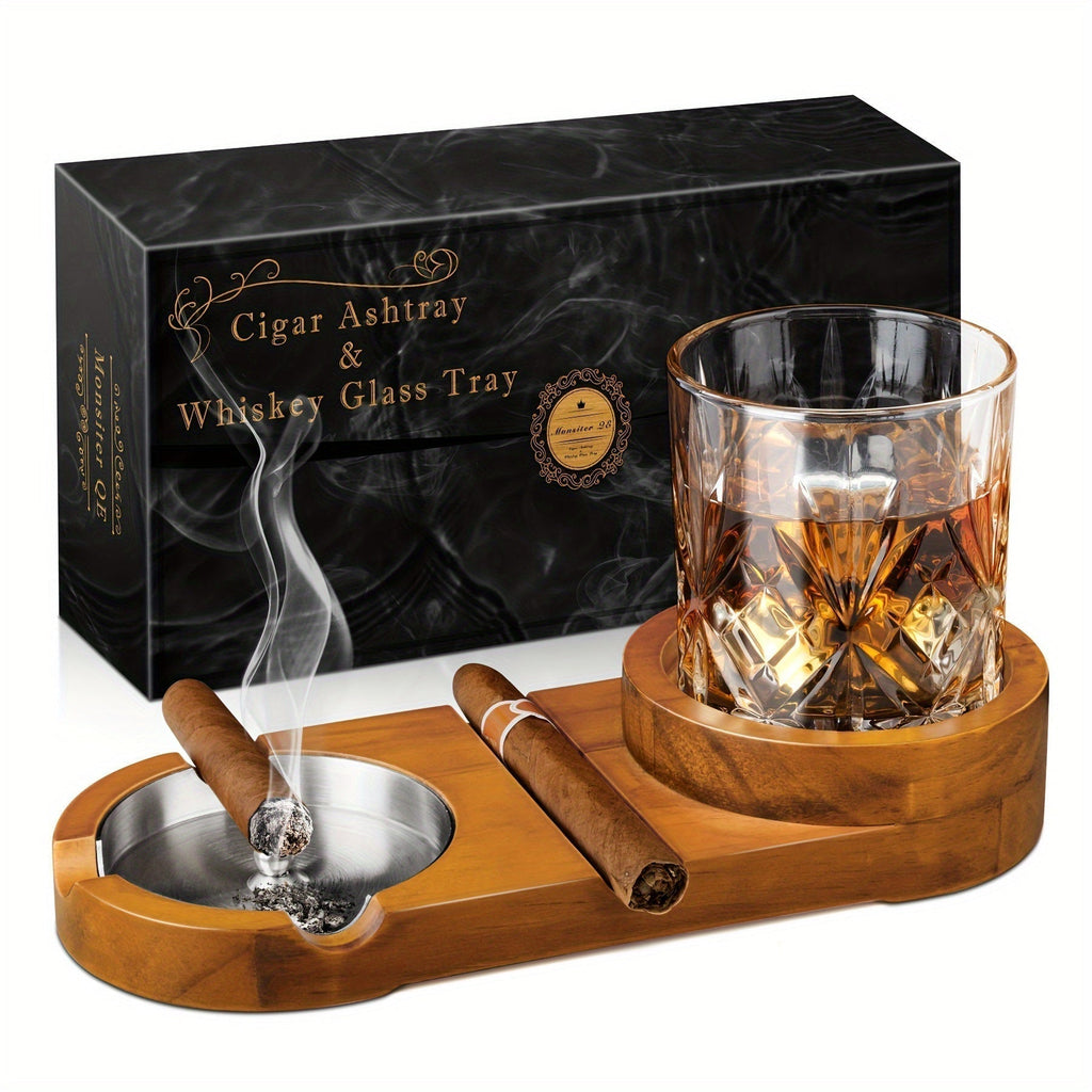 Wooden Cigar Ashtray with Whiskey Glass Holder - Elegant & Practical Design 1