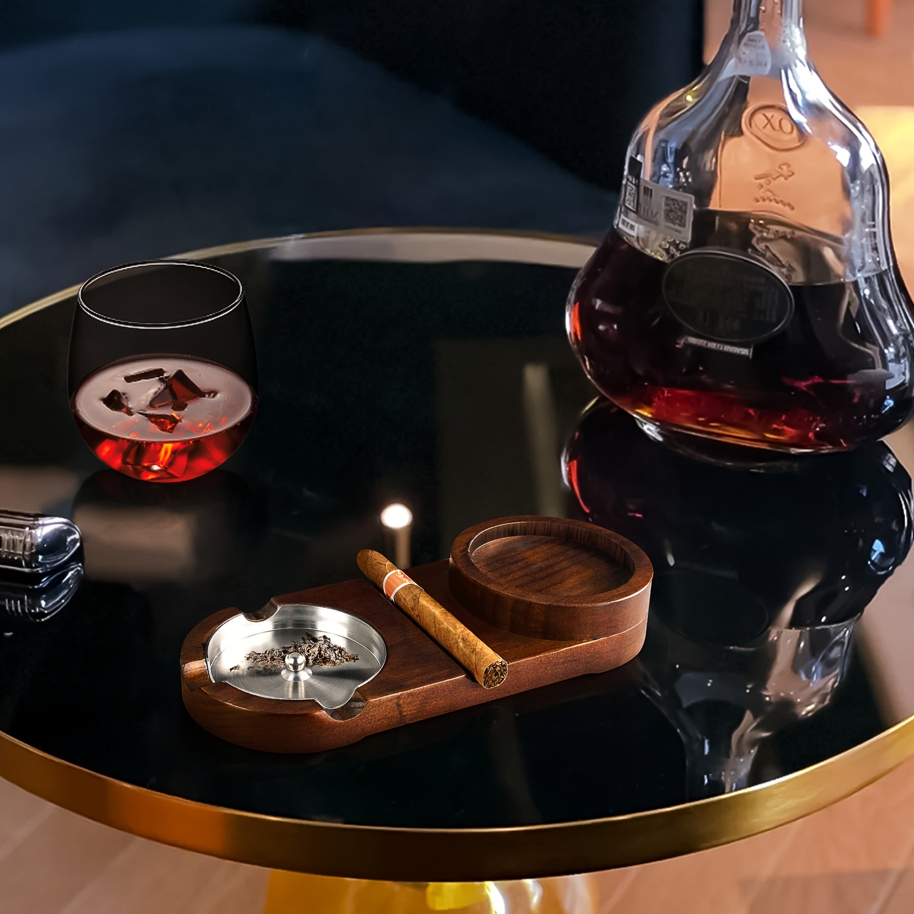 Wooden Cigar Ashtray with Whiskey Glass Holder - Elegant & Practical Design 3
