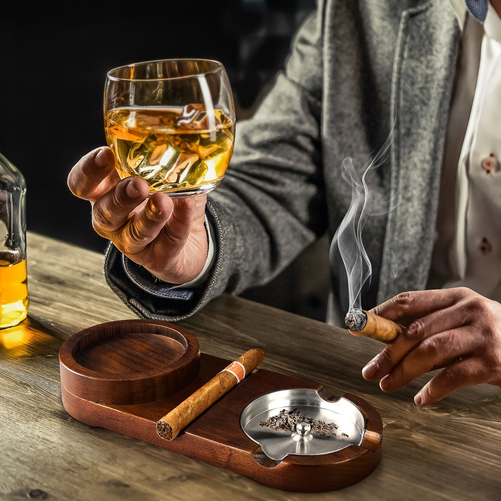 Wooden Cigar Ashtray with Whiskey Glass Holder - Elegant & Practical Design 8