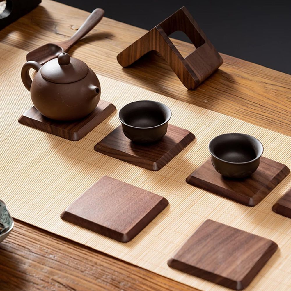 Wooden Coaster Set - 6pcs Black Walnut & Beech with Holder 1