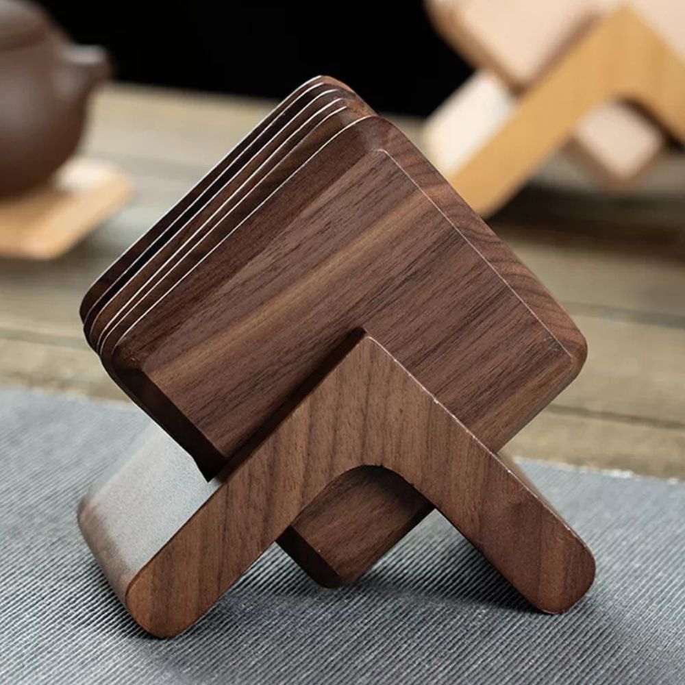 Wooden Coaster Set - 6pcs Black Walnut & Beech with Holder 2
