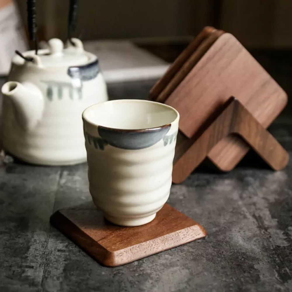 Wooden Coaster Set - 6pcs Black Walnut & Beech with Holder 4