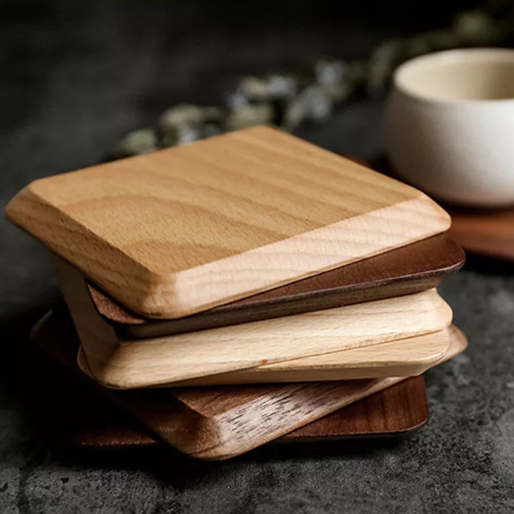 Wooden Coaster Set - 6pcs Black Walnut & Beech with Holder 5