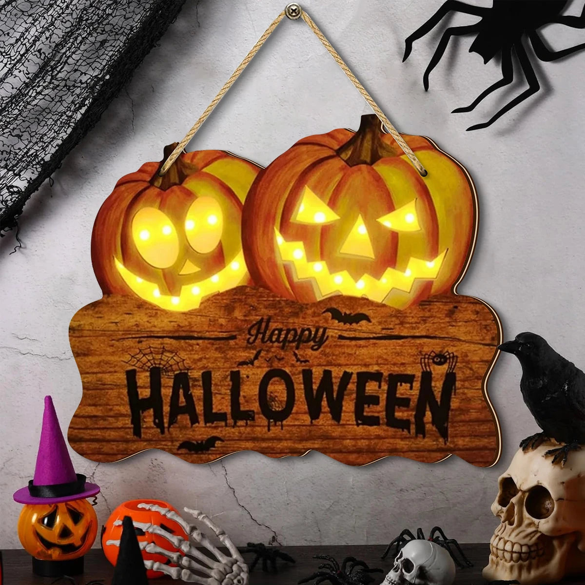 Wooden Halloween Sign - Glowing Jack-O'-Lantern Decor for Indoor & Outdoor 1
