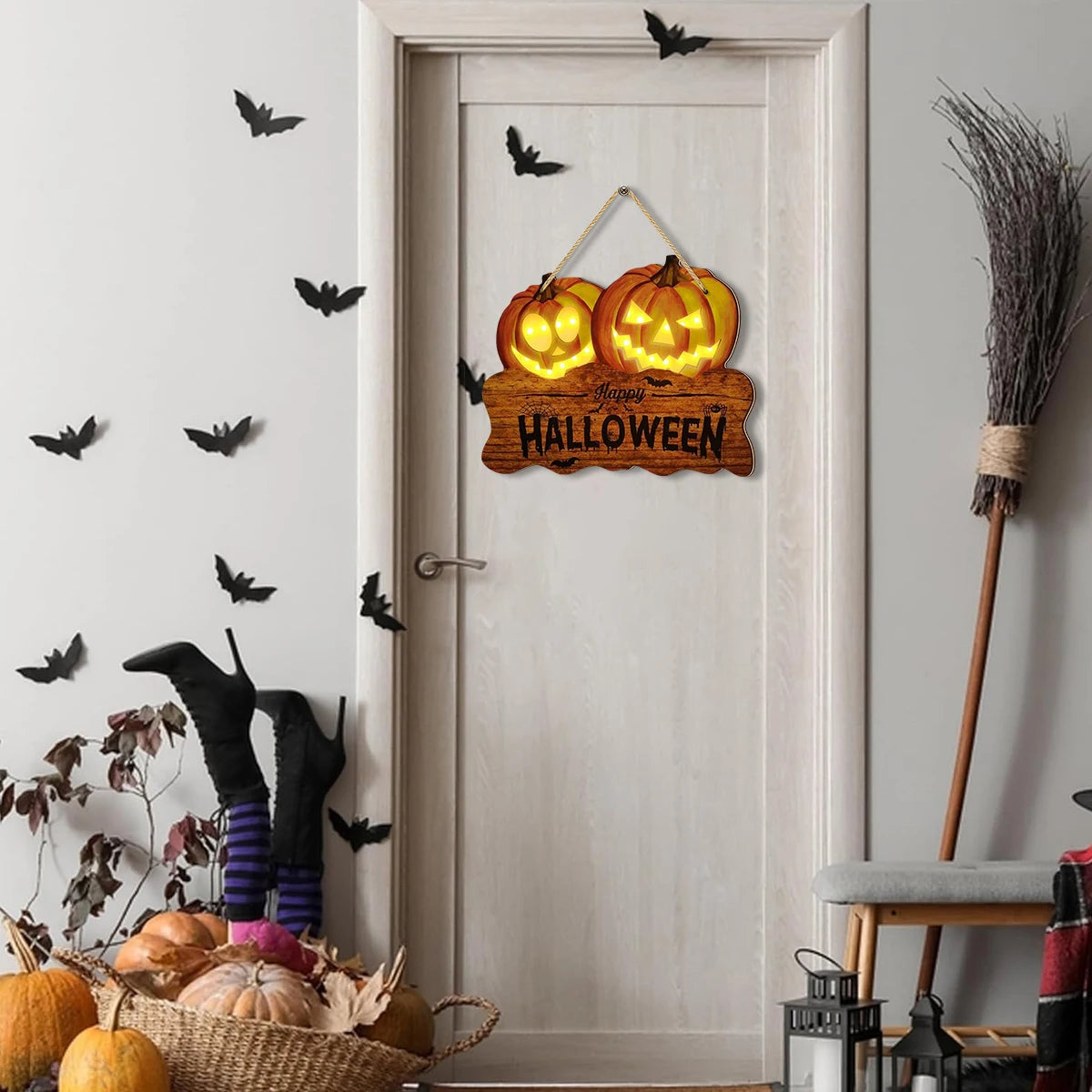 Wooden Halloween Sign - Glowing Jack-O'-Lantern Decor for Indoor & Outdoor 3