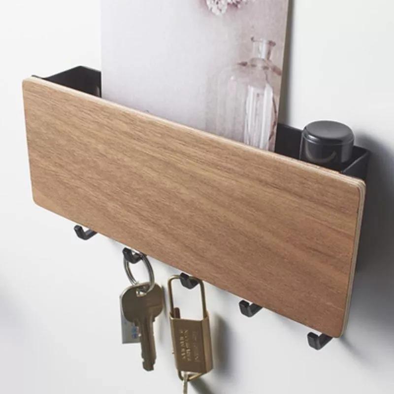 Wooden Key Holder for Wall - Durable 5-Hook Key Organizer with Tray 1