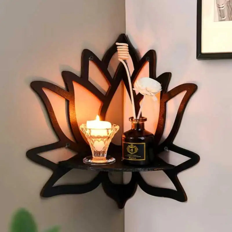 Wooden Lotus Corner Shelf - Space-Saving Organizer for Candles & Oils 0