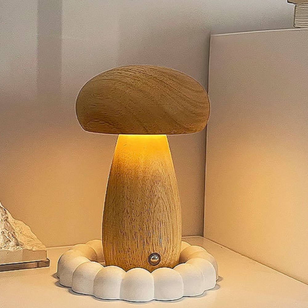 Wooden Mushroom Lamp - USB-C Rechargeable LED Table Lamp with Adjustable Lighting 0