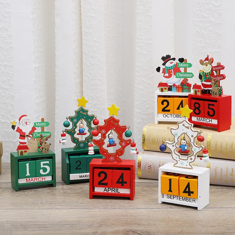 Collection of colorful wooden calendars on a light wooden surface with a white curtain background.