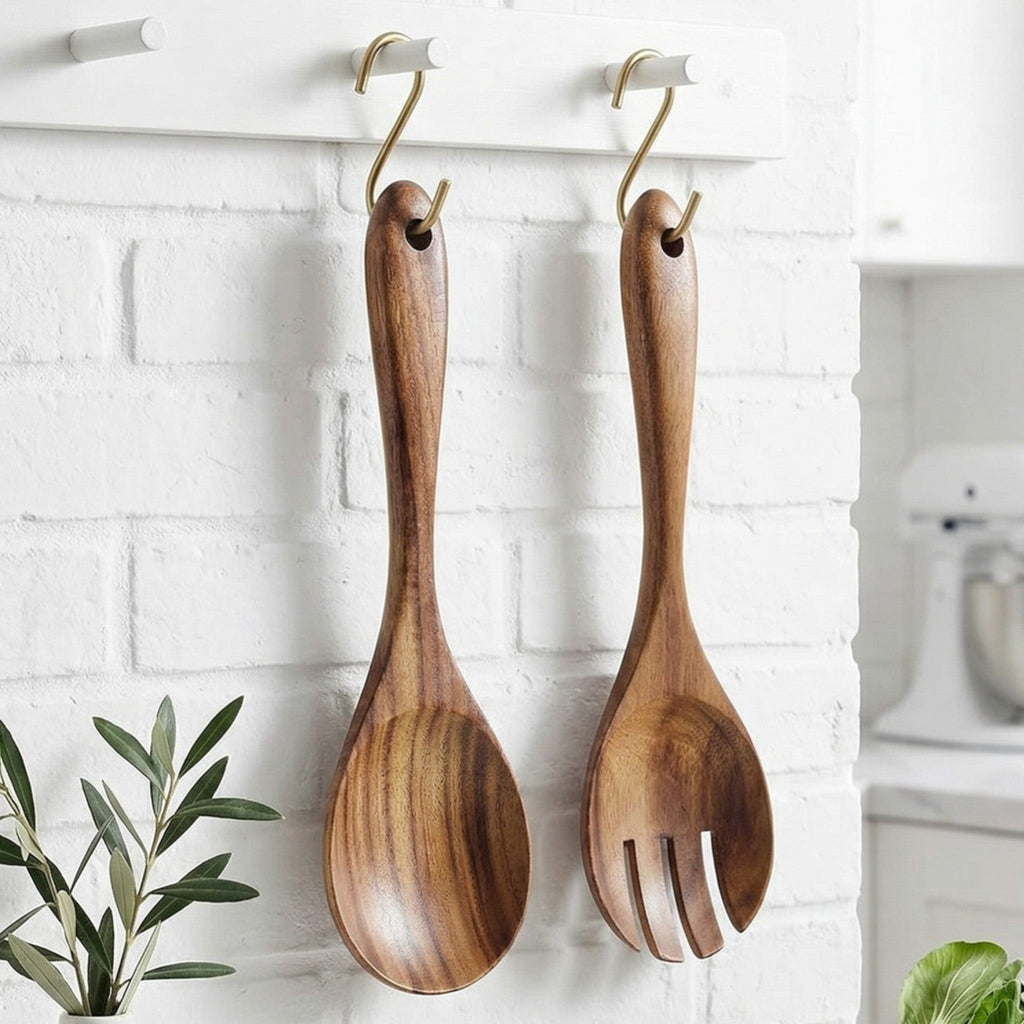 Serving Utensil Set Wooden Spoon and Fork Natural Brown Kitchen Set 2
