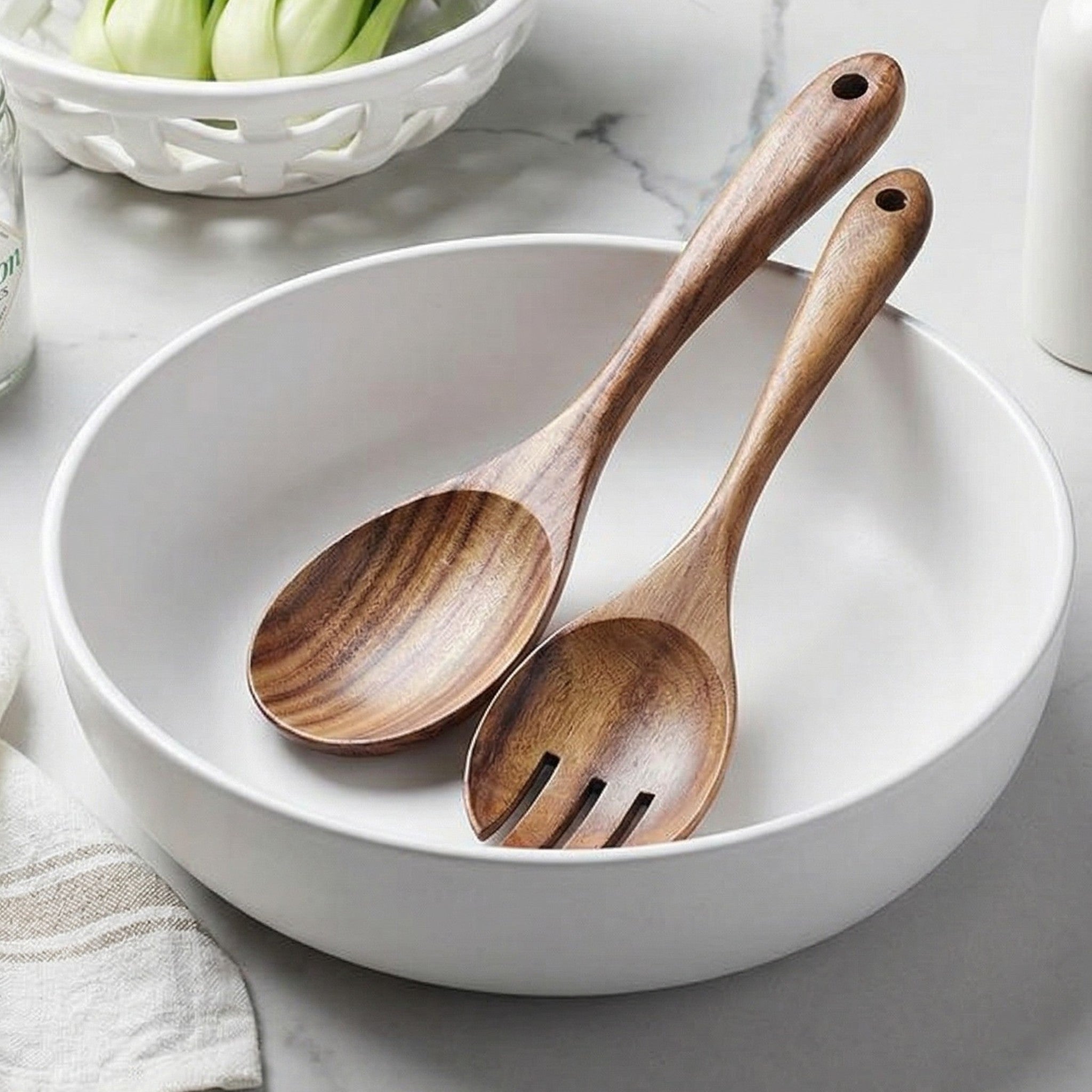 Serving Utensil Set Wooden Spoon and Fork Natural Brown Kitchen Set 3