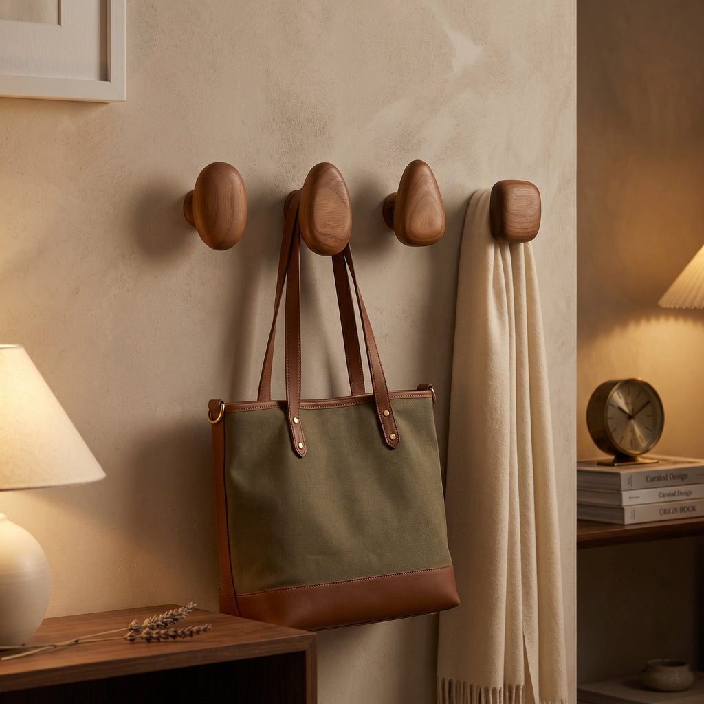 Green tote bag with brown leather accents hanging on wooden wall hooks in a cozy room.