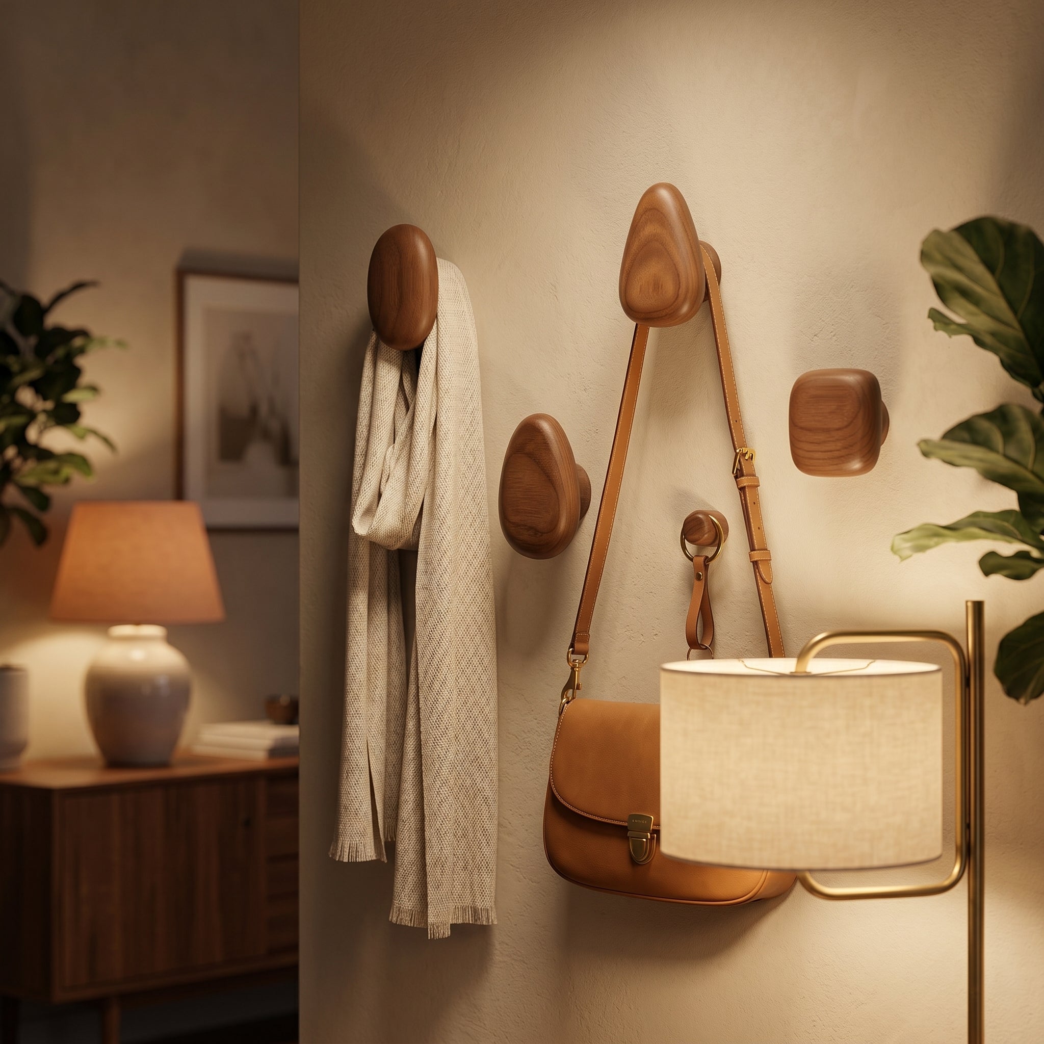Wooden wall hooks with a coat, bag, and lampshade on a neutral wall.