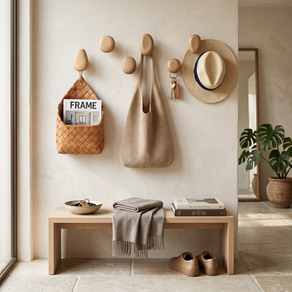 Wall hooks with a woven basket, bag, and hat, a bench with a blanket and books, and shoes on a light-colored floor.
