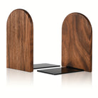 Wooden bookends with black metal shelves on a white background
