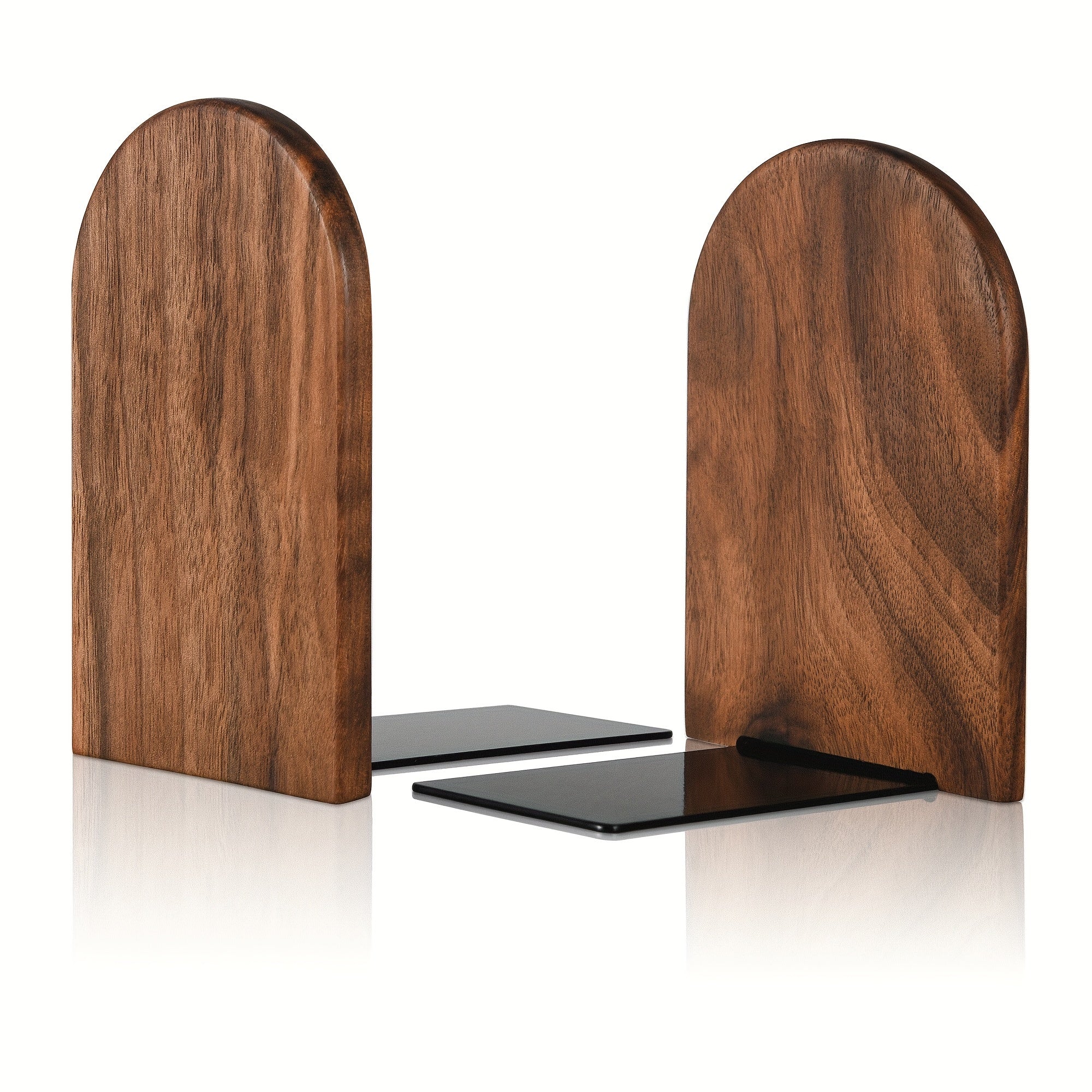 Wooden bookends with black metal shelves on a white background