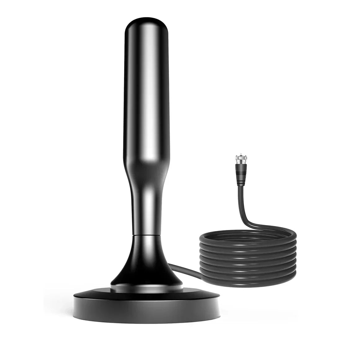 Black TV antenna with coiled cable on a white background