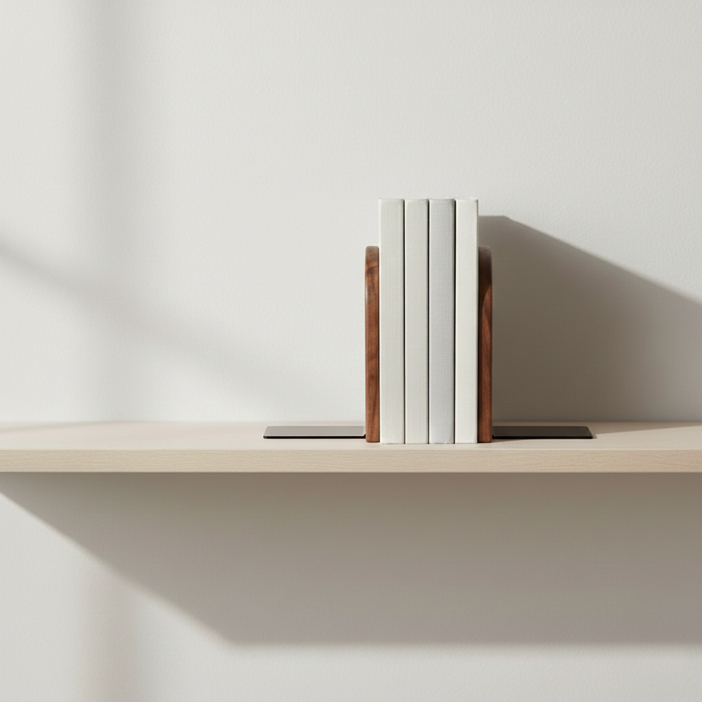 Bookends on a shelf with books against a plain background