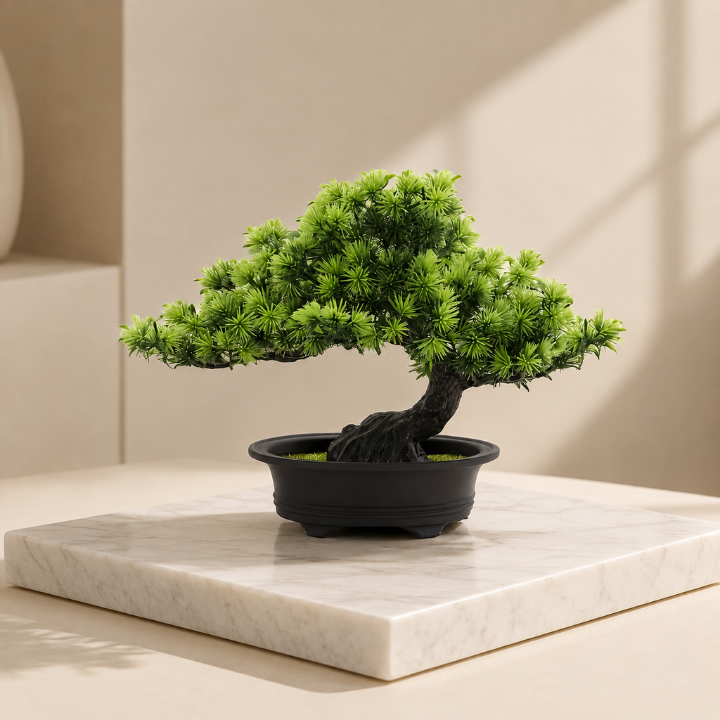 Bonsai tree in a black pot on a marble surface with a neutral background