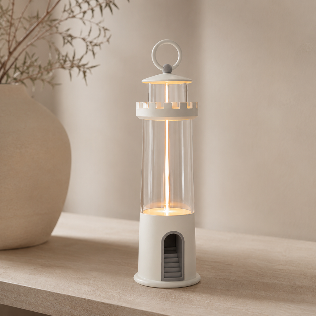 Decorative lantern with a warm glow on a wooden surface.