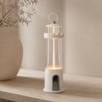 Decorative lantern with a warm glow on a wooden surface.