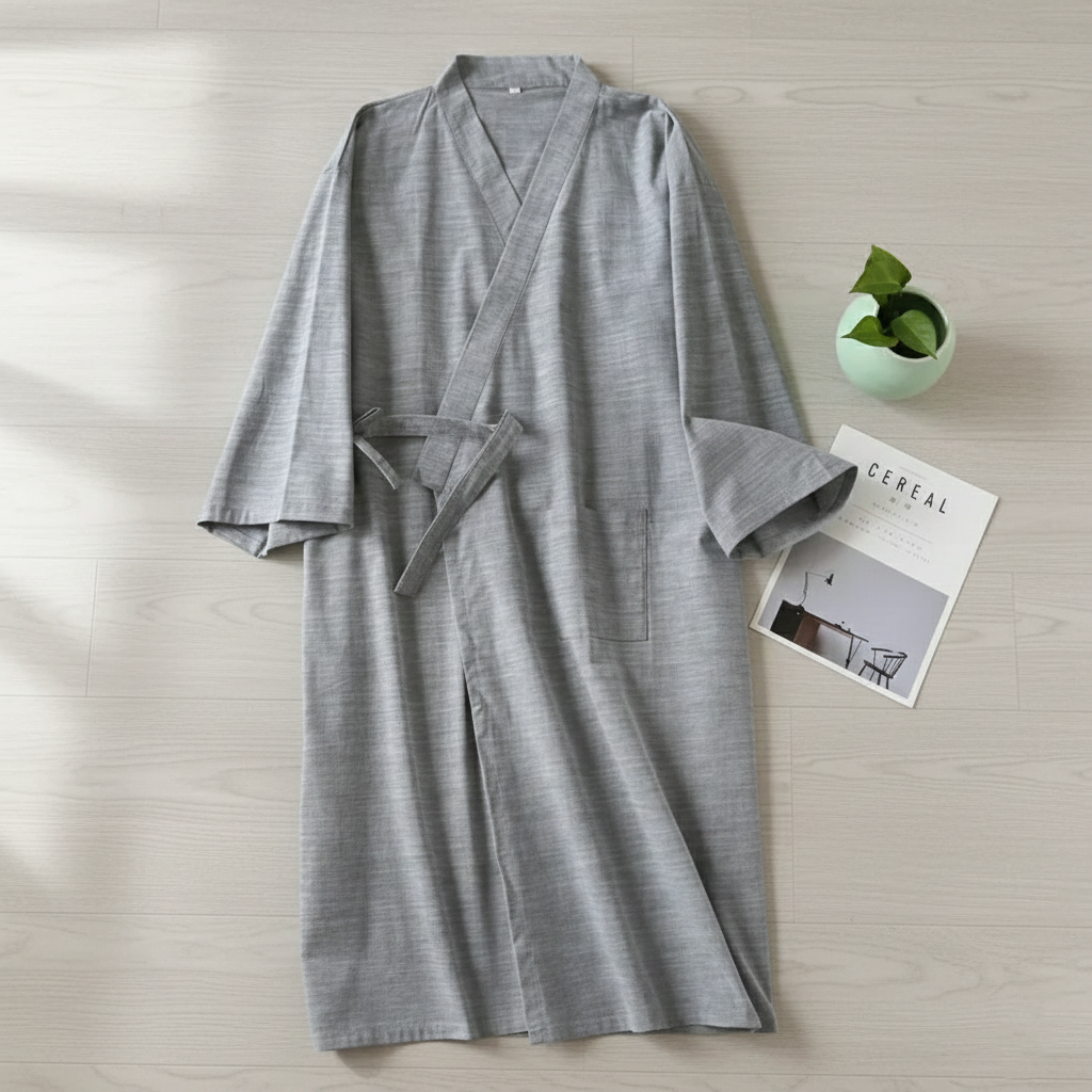 Gray robe on a wooden surface with a magazine and small plant.