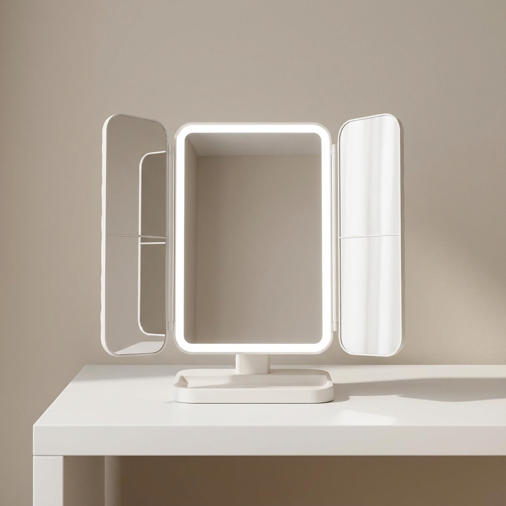 Foldable Makeup Mirror with Touch Light – Portable Vanity Mirror with Rotating Design and Storage Case