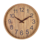Wooden wall clock with brown finish and black numbers on a white background