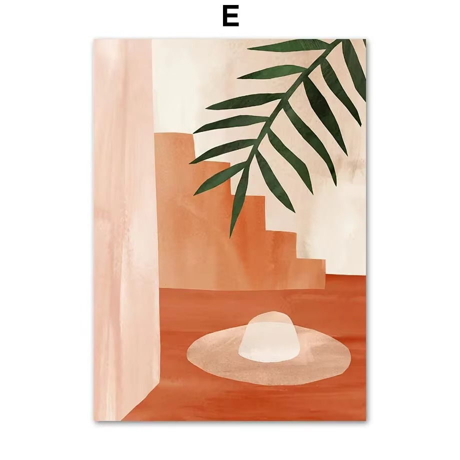 Artistic depiction of a hat on a surface with abstract shapes and a leaf, on a beige background.