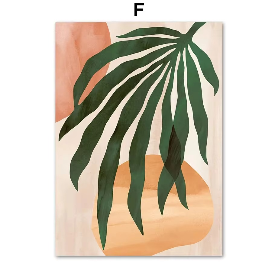 Decorative wall art with green leaves and a peach-colored vase on a beige background