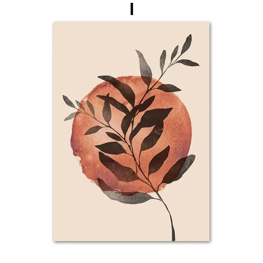 Art print with brown circular design and leaf-like shapes on a beige background