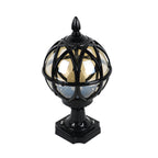 Decorative outdoor lamp with black metal and glass design on a white background