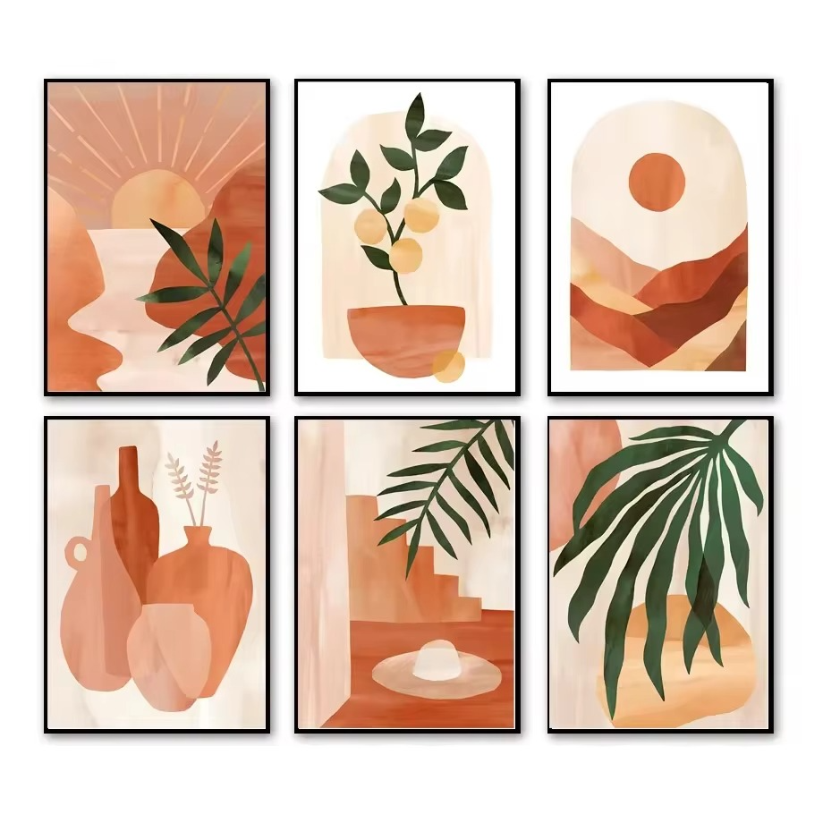 Set of six abstract art prints with geometric shapes and plants on a white background