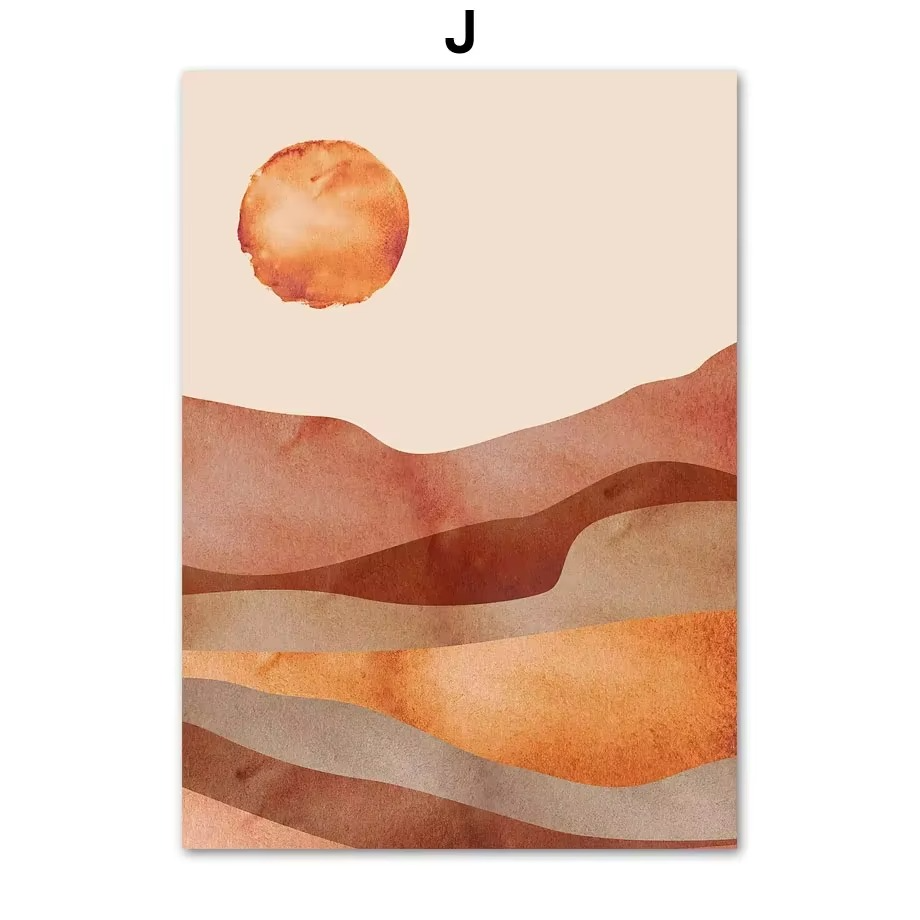 Abstract landscape with wavy lines and a sun on a beige background