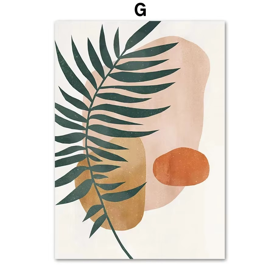 Abstract art print with green leaves, beige shapes, and brown circles on a white background.
