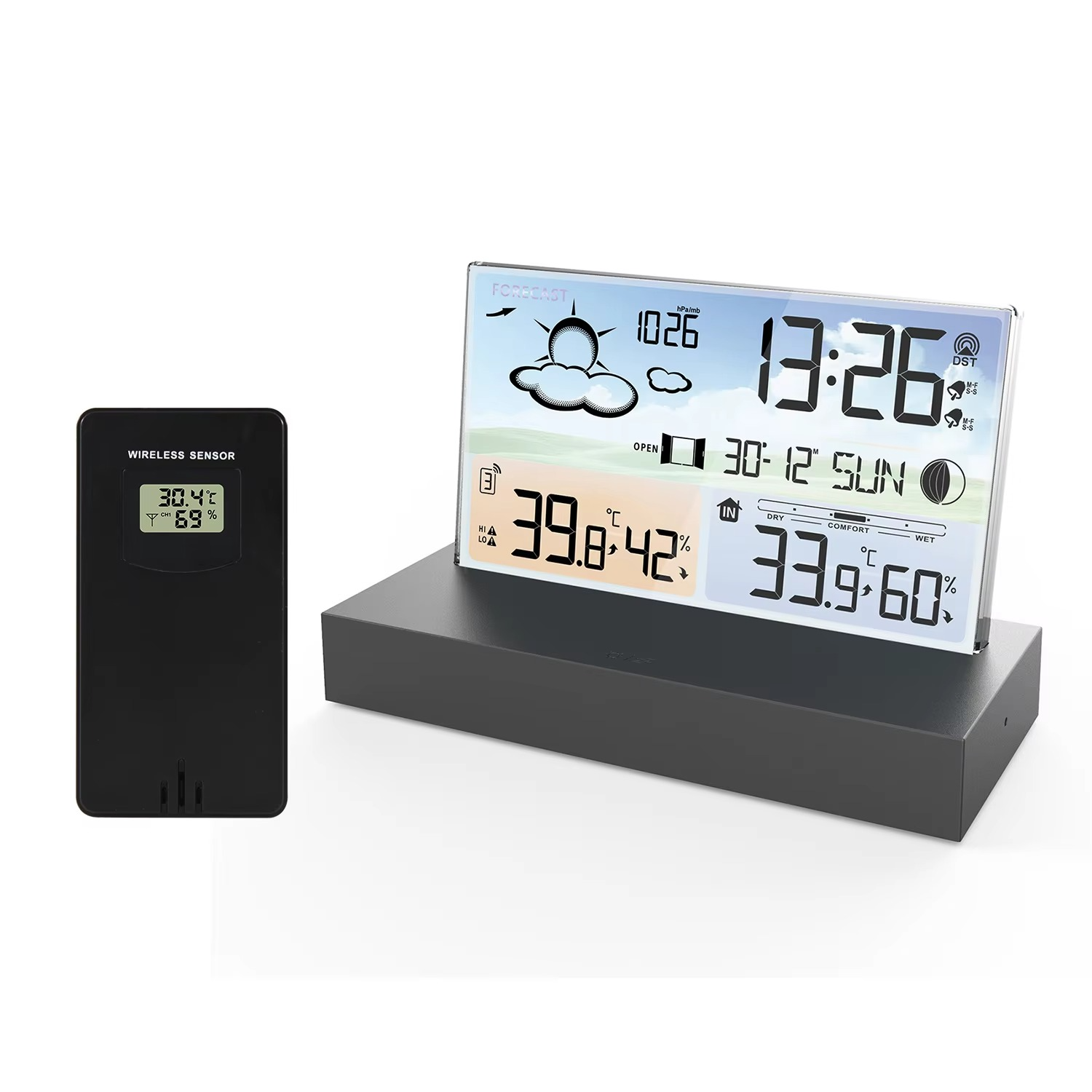 Digital weather station with main display and sensor on a white background