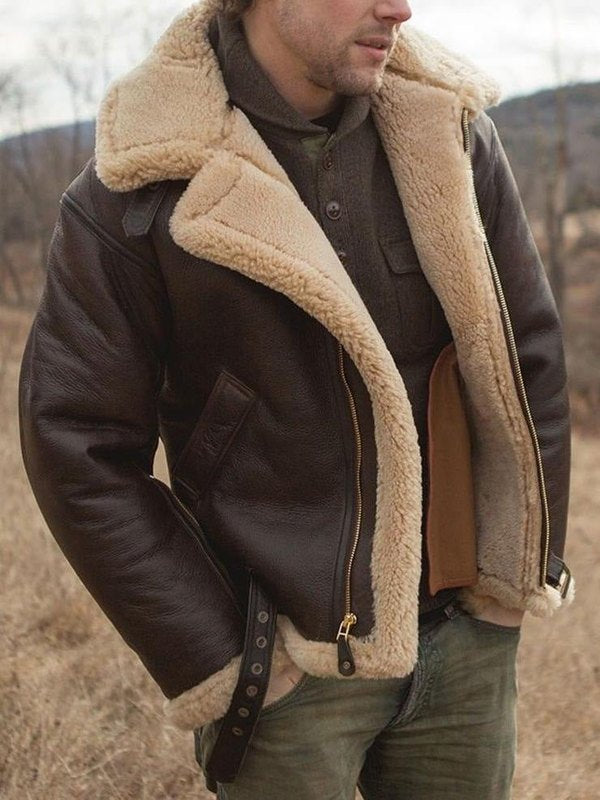 Men's Leather Jacket with Shearling Lining and Zip Closure