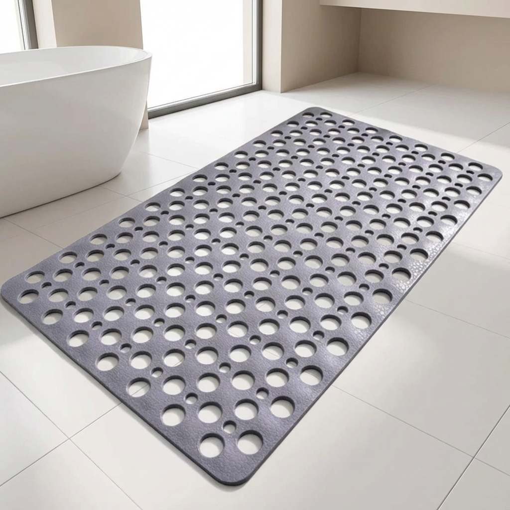 Gray doormat with circular holes on a white tiled floor