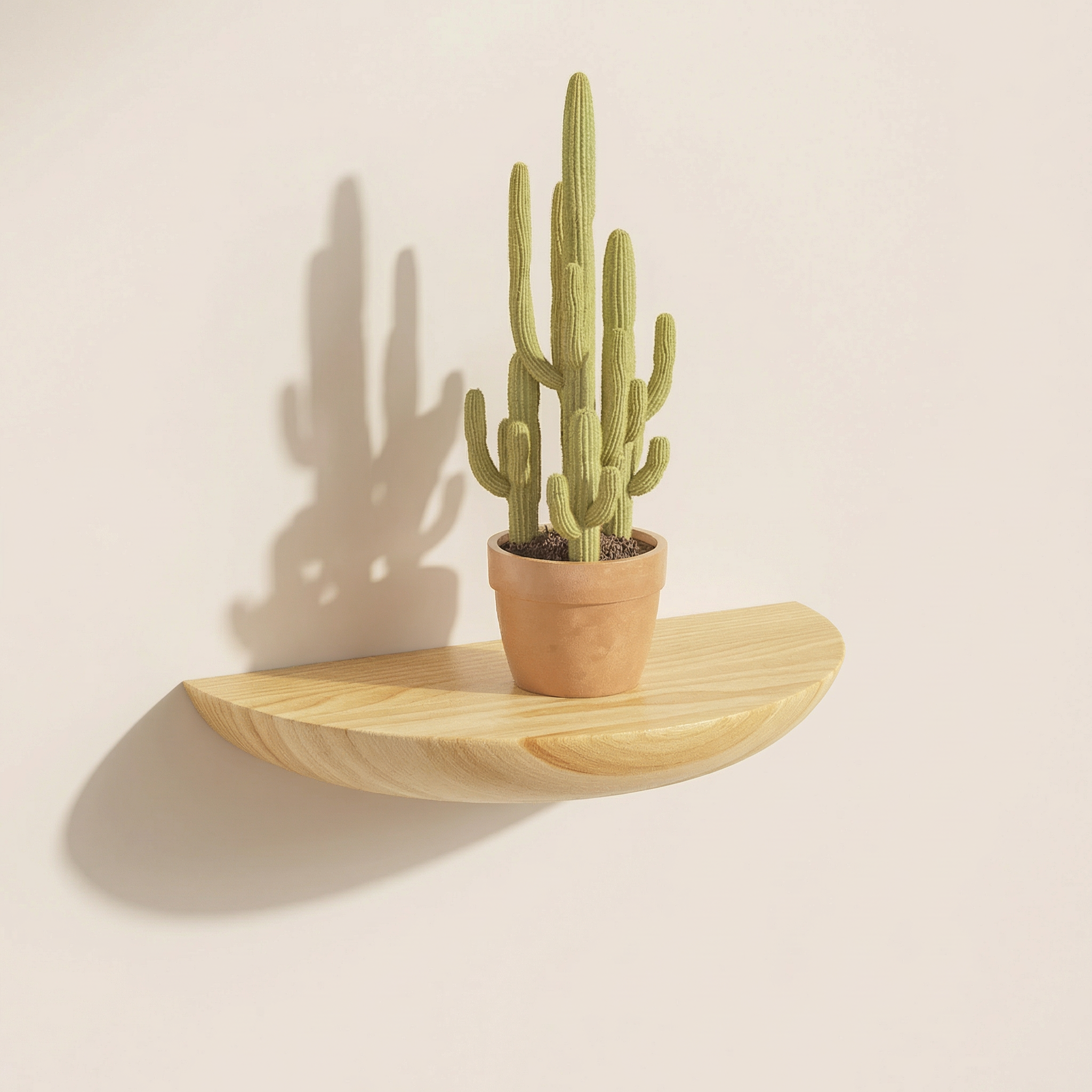 Cactus plant in a pot on a wooden shelf against a beige wall