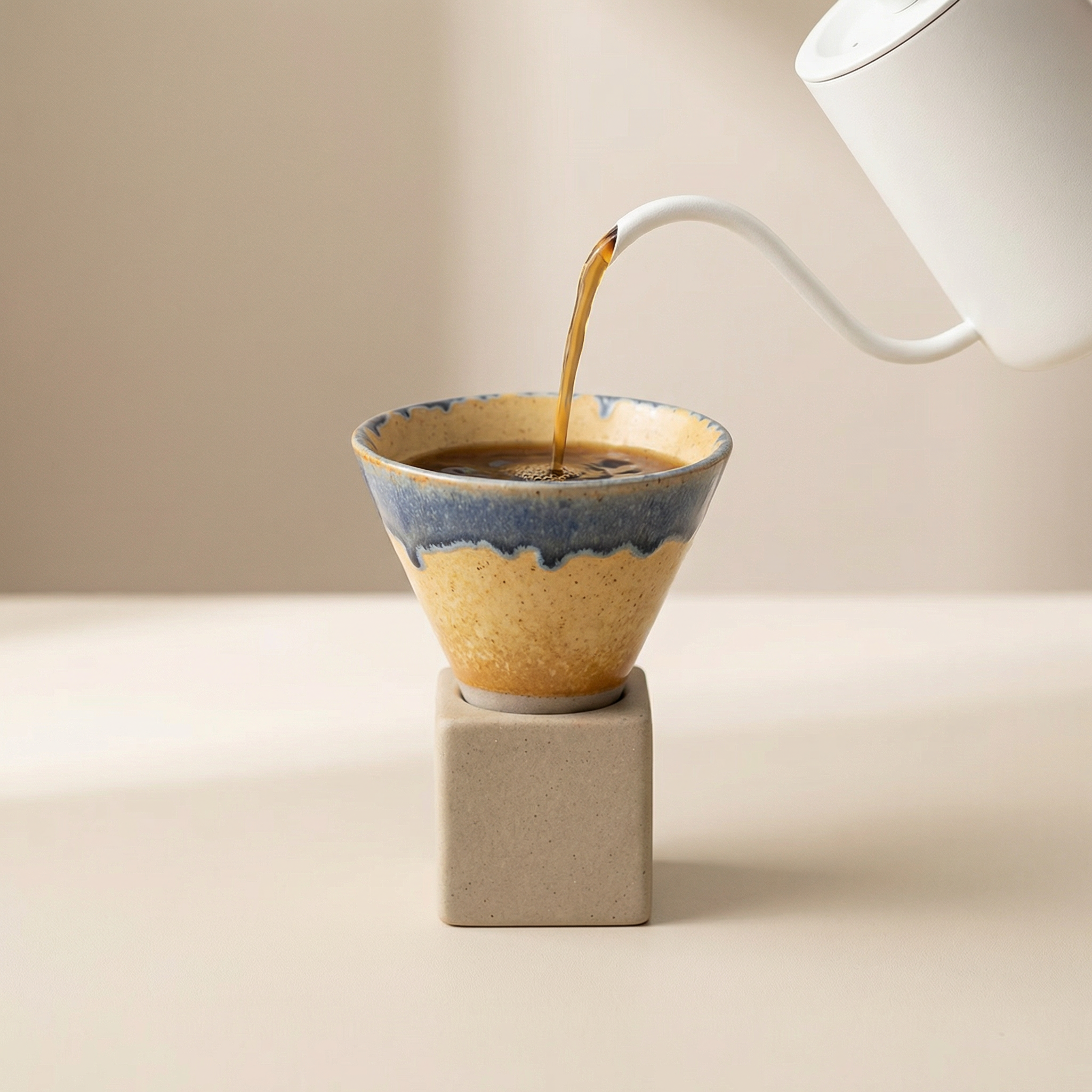 Ceramic coffee filter with blue rim being filled with coffee from a white kettle on a beige surface.