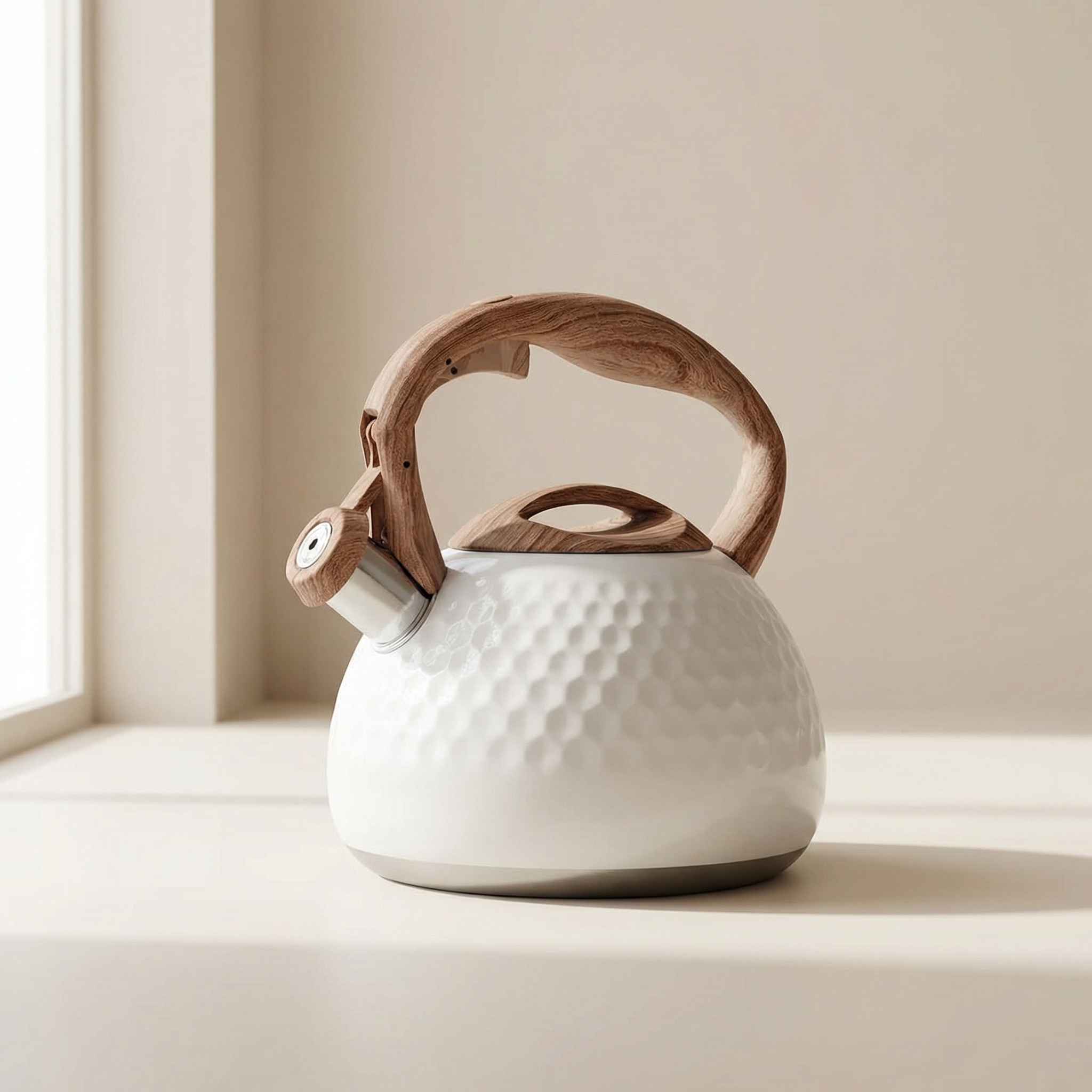 White ceramic kettle with wooden handles on a light surface