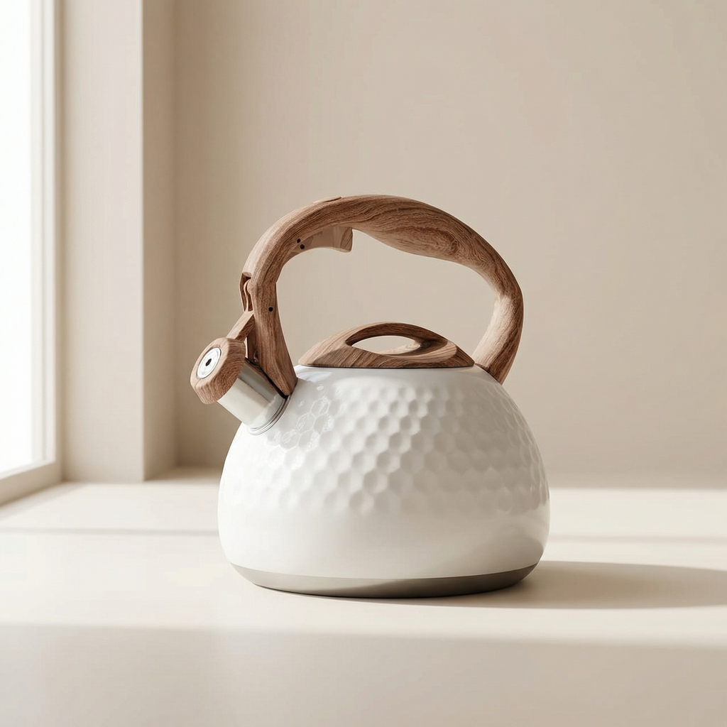 White ceramic kettle with wooden handles on a light surface